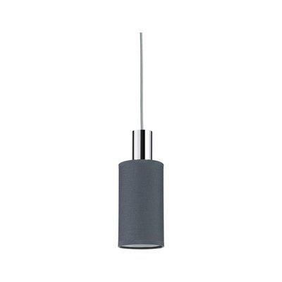 Modern pendant light with grey fabric shade and chrome metal for stylish room lighting