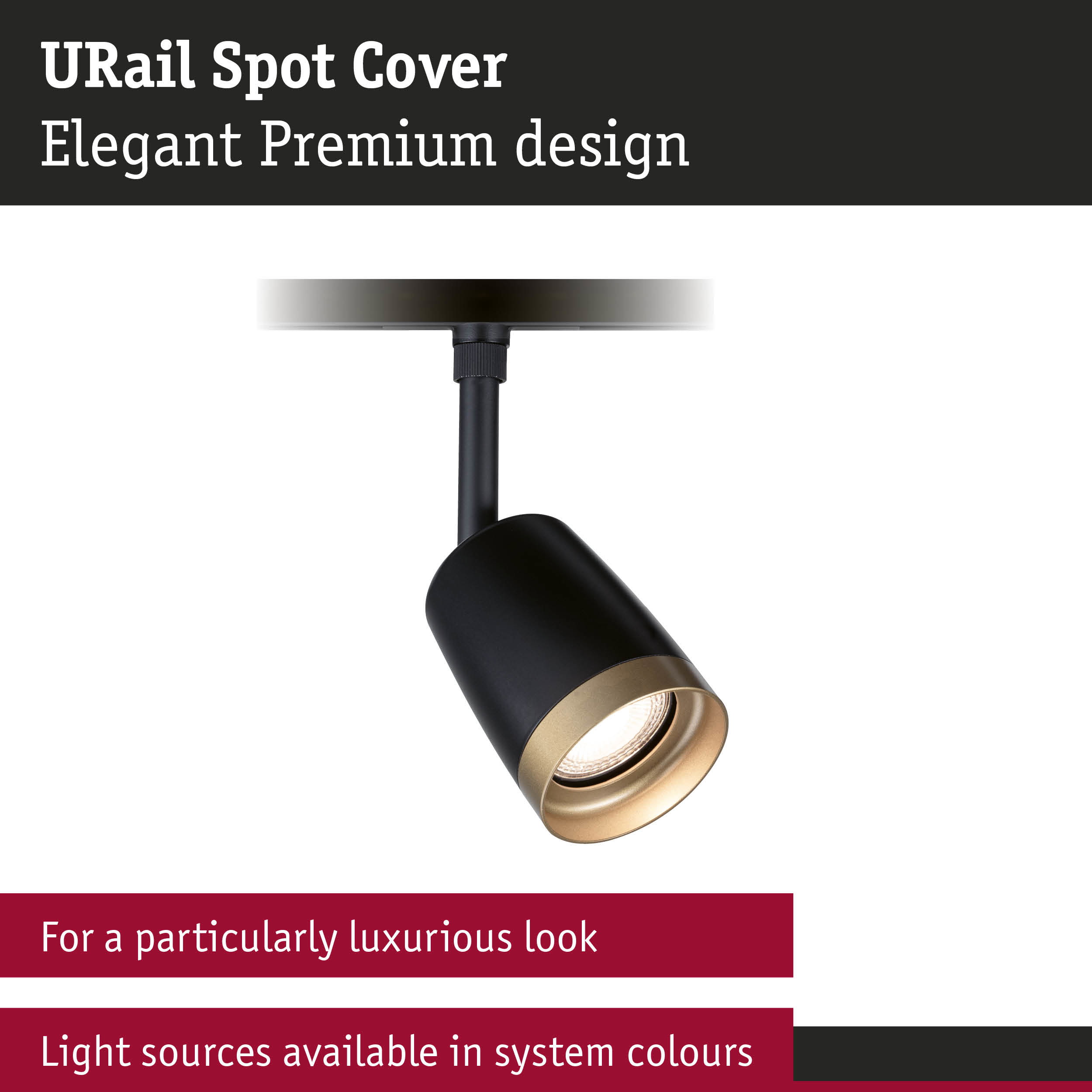Black URail Spot Cover with gold metal trim for elegant LED track lighting in modern interiors