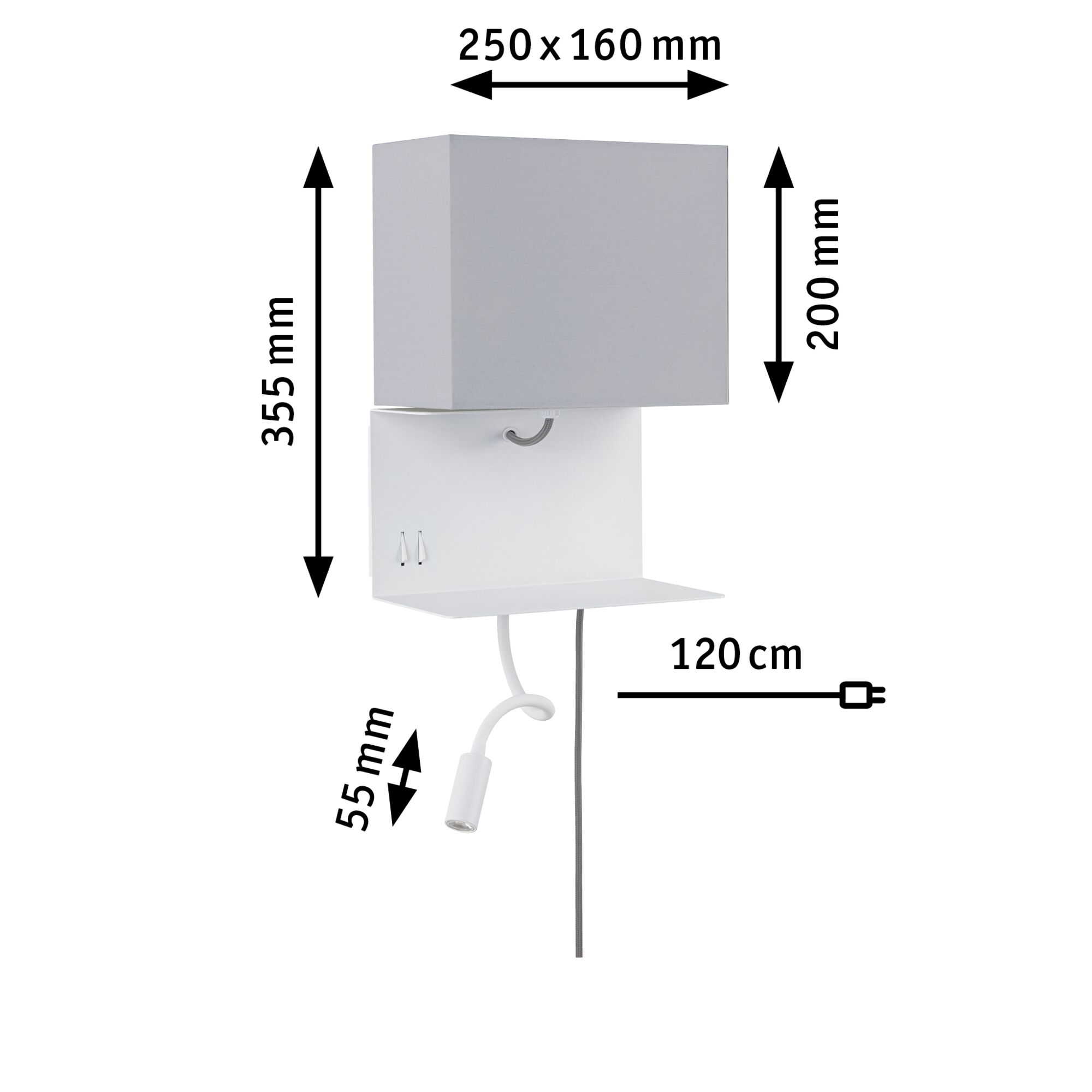 Weiße Wandlampe mit grauem Stoffschirm und flexiblem Lesearm, Maße und Kabellänge angegeben