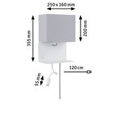 Weiße Wandlampe mit grauem Stoffschirm und flexiblem Lesearm, Maße und Kabellänge angegeben