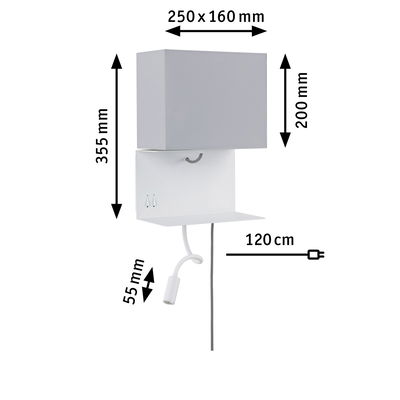 White wall lamp with grey fabric shade and flexible reading arm, dimensions and cable length shown