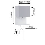 Applique murale blanche avec abat-jour en tissu gris et bras de lecture flexible, dimensions indiquées