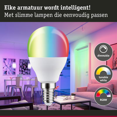 Kleurrijke dimbare LED-lamp met RGBW en instelbaar wit licht voor slimme woonverlichting