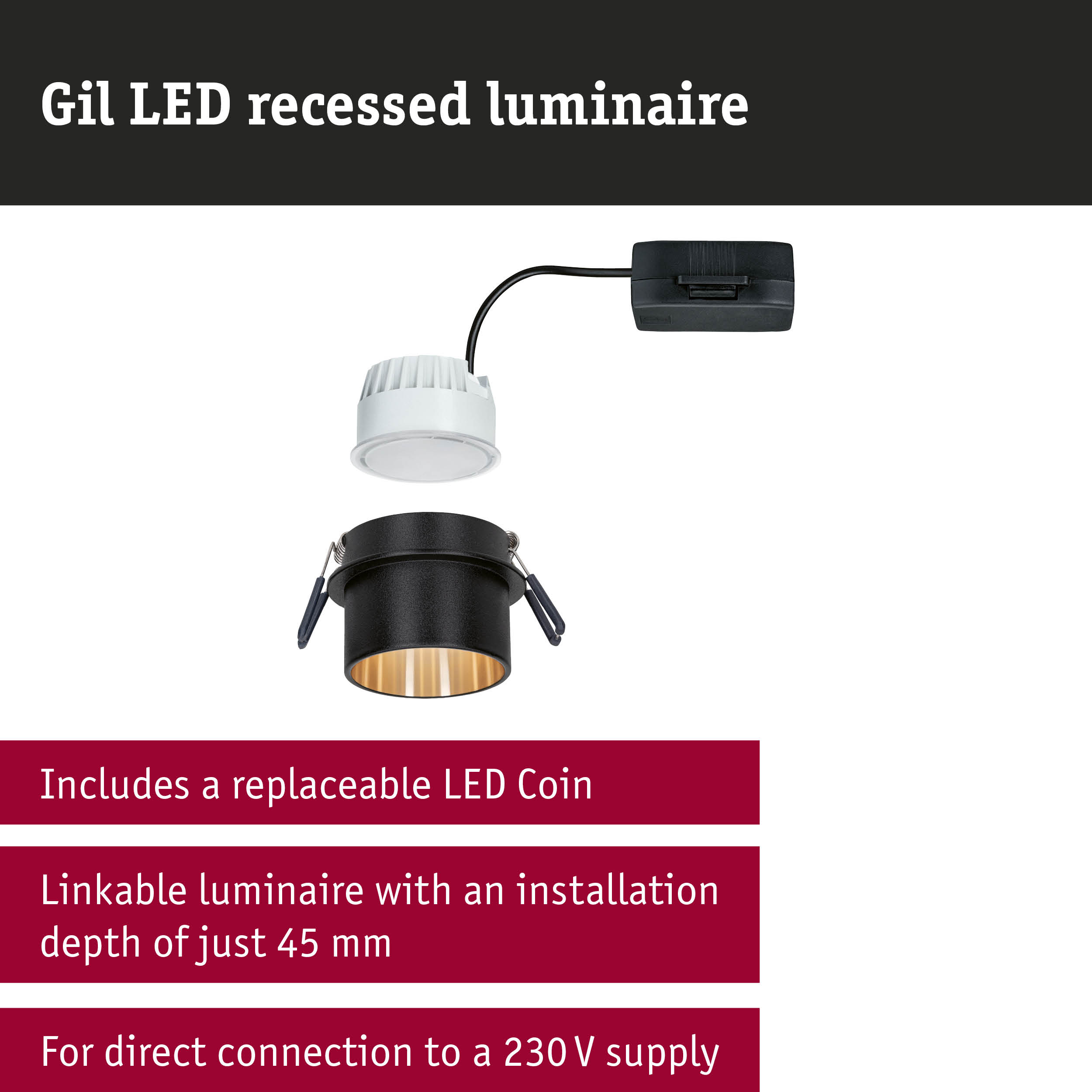 Gil LED recessed luminaire in black metal with gold interior and white replaceable LED coin light