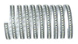 Flexible LED strip with white LEDs on silver board for energy-efficient lighting solutions.