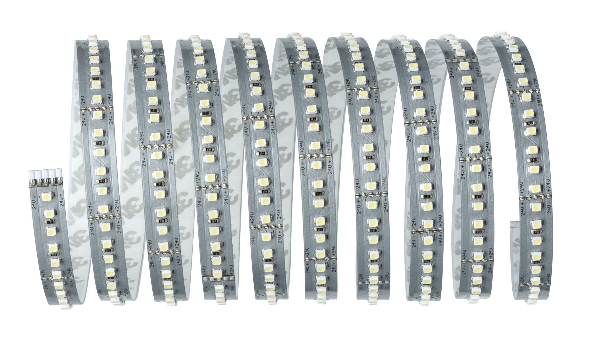 Flexibler LED-Streifen mit weißen LEDs auf silberner Platine für energiesparende Beleuchtung.