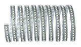 Flexible LED strip with white LEDs on silver board for energy-efficient lighting solutions.