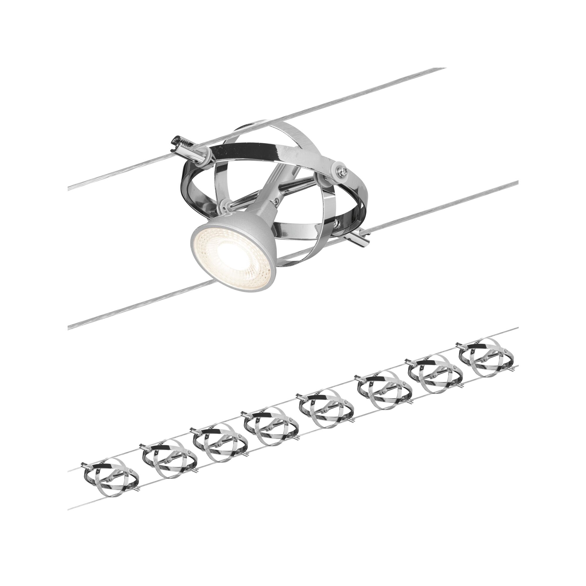 Moderne zilverkleurige metalen LED-kabelspot met verstelbare lamp voor veelzijdige verlichting