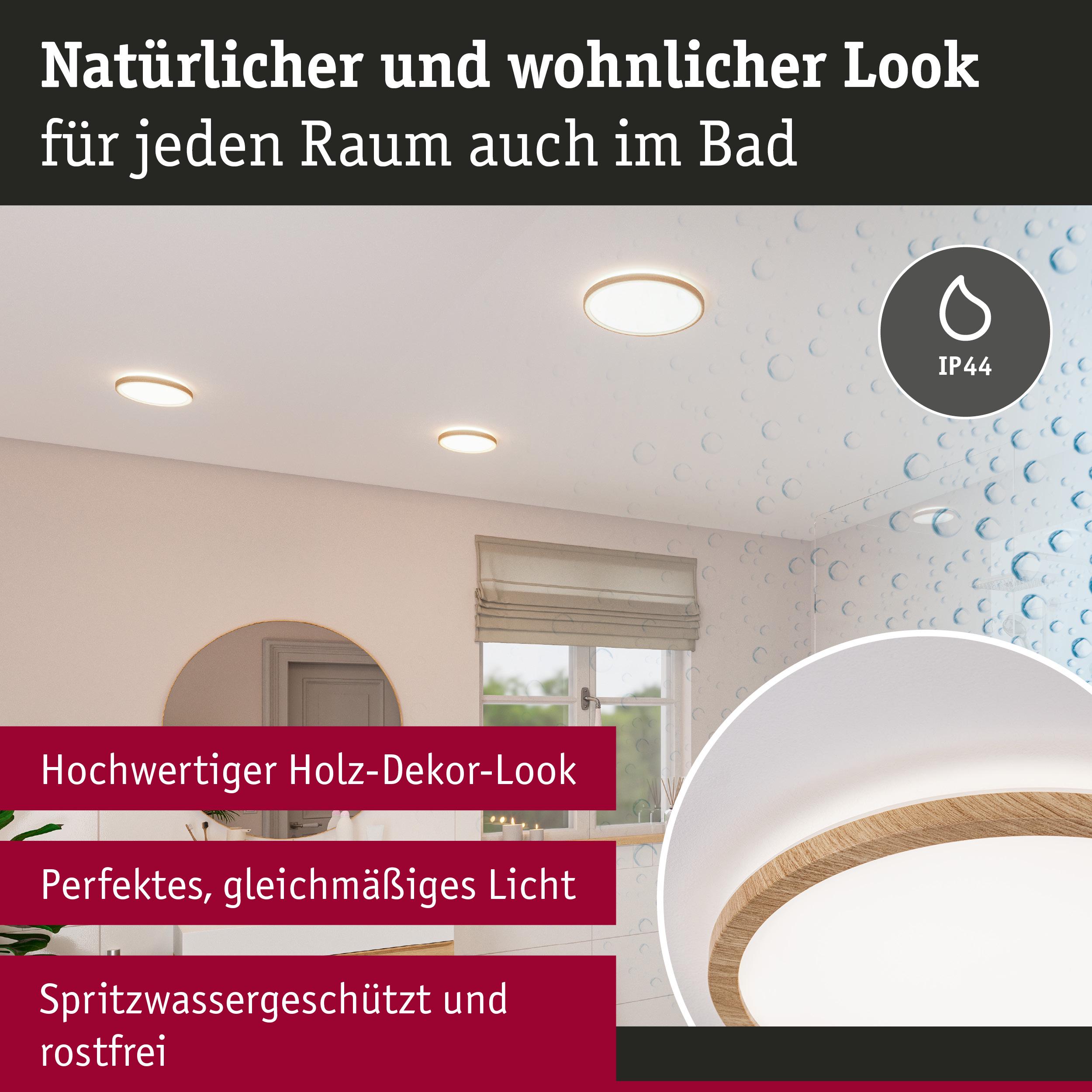 Runde Deckenleuchte mit Holz-Dekor-Look in Weiß, spritzwassergeschützt für Badezimmerbeleuchtung