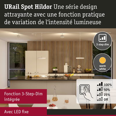 Cuisine moderne éclairée par URail Spot Hildor LED fixe en blanc chaud avec fonction 3-Step-Dim intégrée