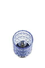 Blue patterned glass wall light with visible bulb for decorative LED lighting in interiors