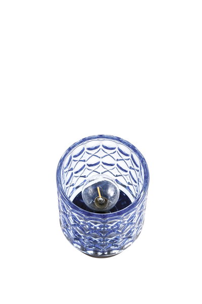 Blue patterned glass wall light with visible bulb for decorative LED lighting in interiors