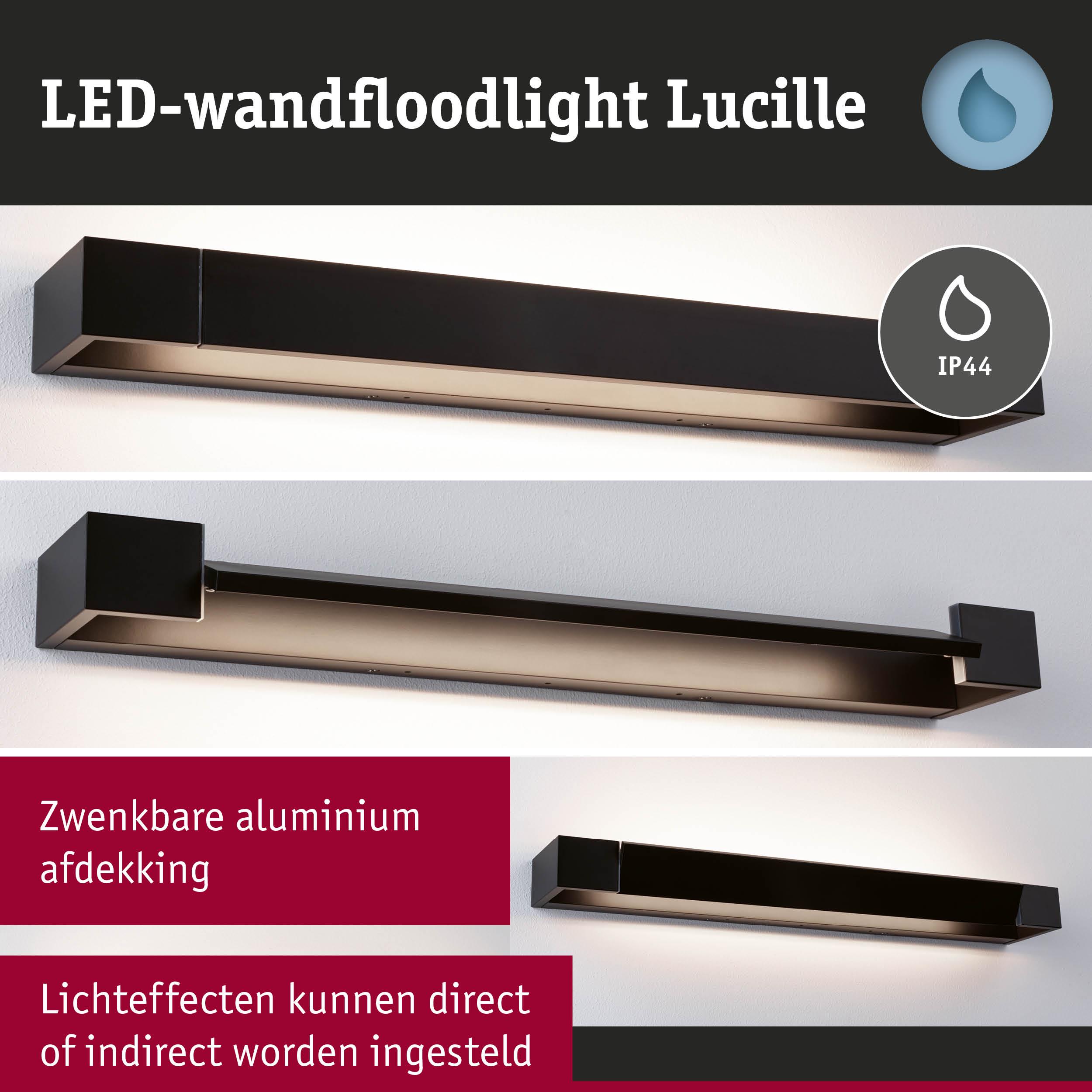 Zwarte LED-wandfloodlight Lucille van aluminium met IP44 en zwenkbare afdekking voor directe of indirecte verlichting