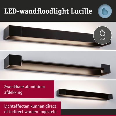 Zwarte LED-wandfloodlight Lucille van aluminium met IP44 en zwenkbare afdekking voor directe of indirecte verlichting