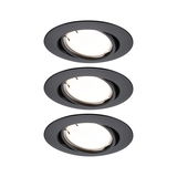 Drie zwarte metalen inbouwspots met warm wit LED-licht voor moderne kamerverlichting