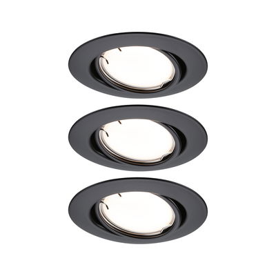Three black metal recessed spotlights with warm white LED light for modern room lighting