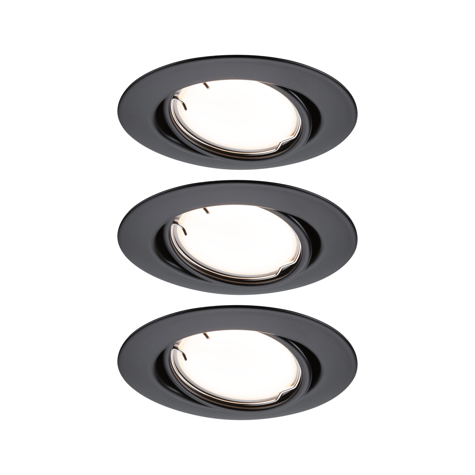 Three black metal recessed spotlights with warm white LED light for modern room lighting