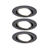 Three black metal recessed spotlights with warm white LED light for modern room lighting