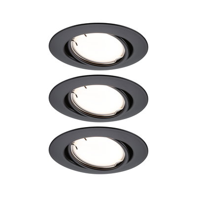 Three black metal recessed spotlights with warm white LED light for modern room lighting