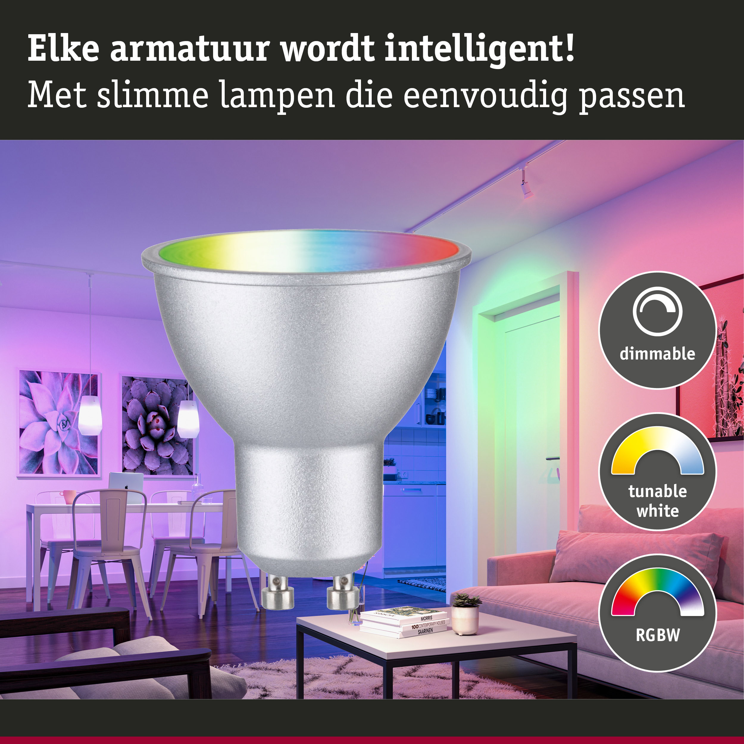 Zilveren dimbare LED-lamp met RGBW-kleurverandering voor slimme verlichting in woonruimtes