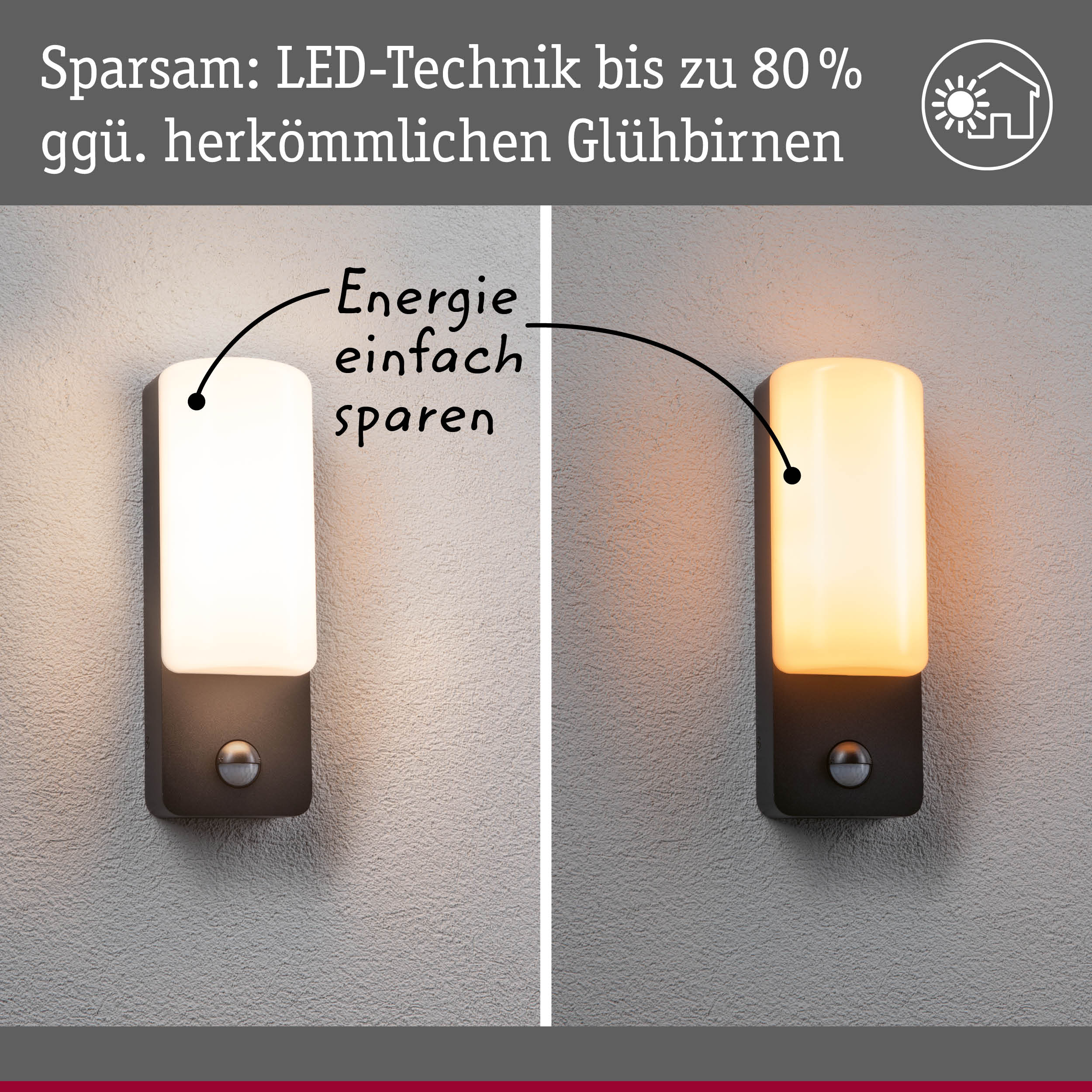 Vergleich von energiesparender LED-Technik und herkömmlicher Glühbirne mit Wandlampen in Weiß und Schwarz