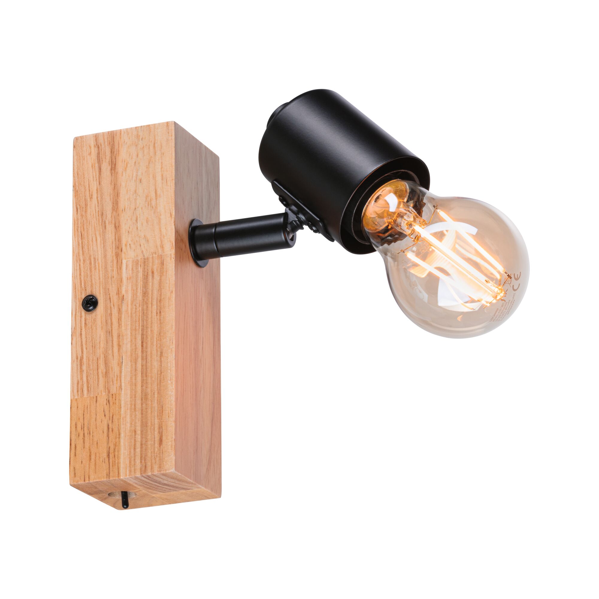 Wandlampe mit Holzsockel und schwarzem Metallkopf, LED-Glühbirne sichtbar, moderne Beleuchtung
