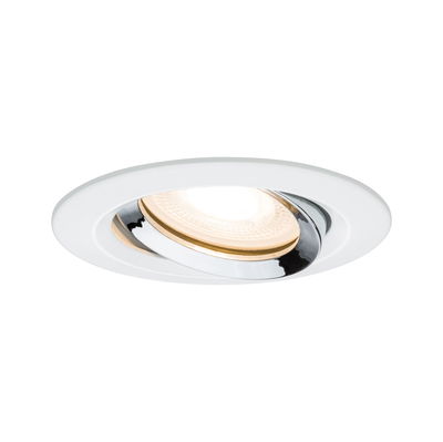 Round recessed LED spotlight with white frame and adjustable chrome reflector for home lighting