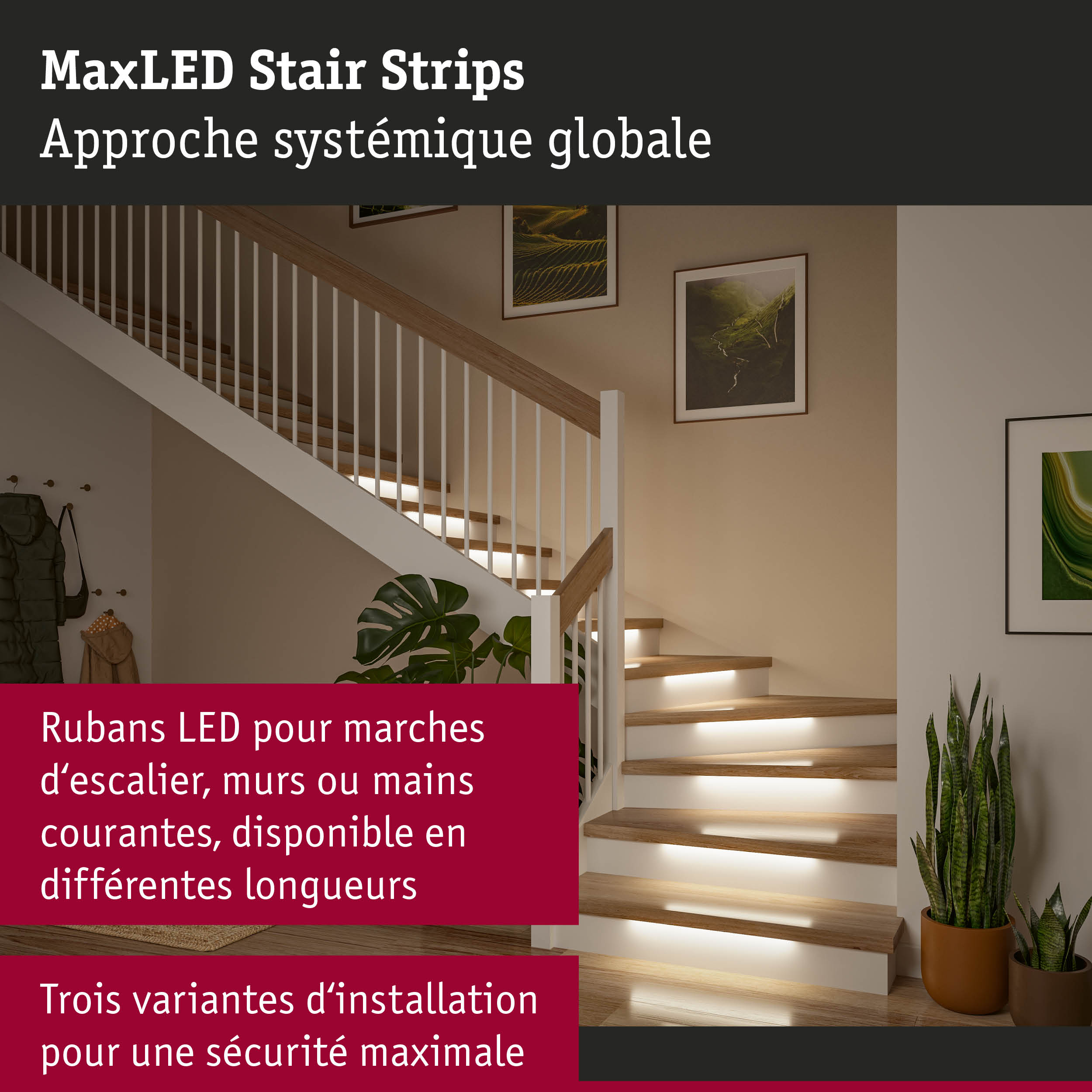 Escalier en bois moderne avec bandes LED blanches sous les marches pour un éclairage sécurisé
