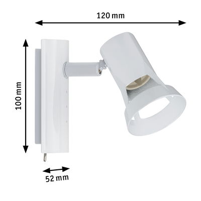 White adjustable metal wall spotlight measuring 120x100x52 mm for focused lighting