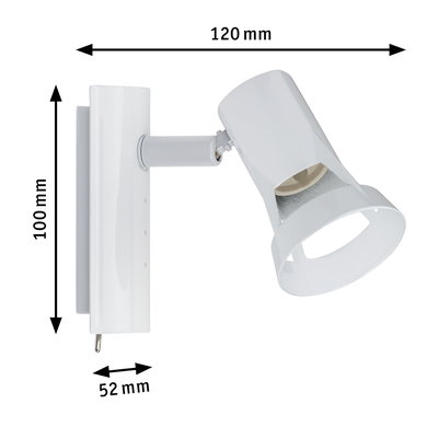 White adjustable metal wall spotlight measuring 120x100x52 mm for focused lighting