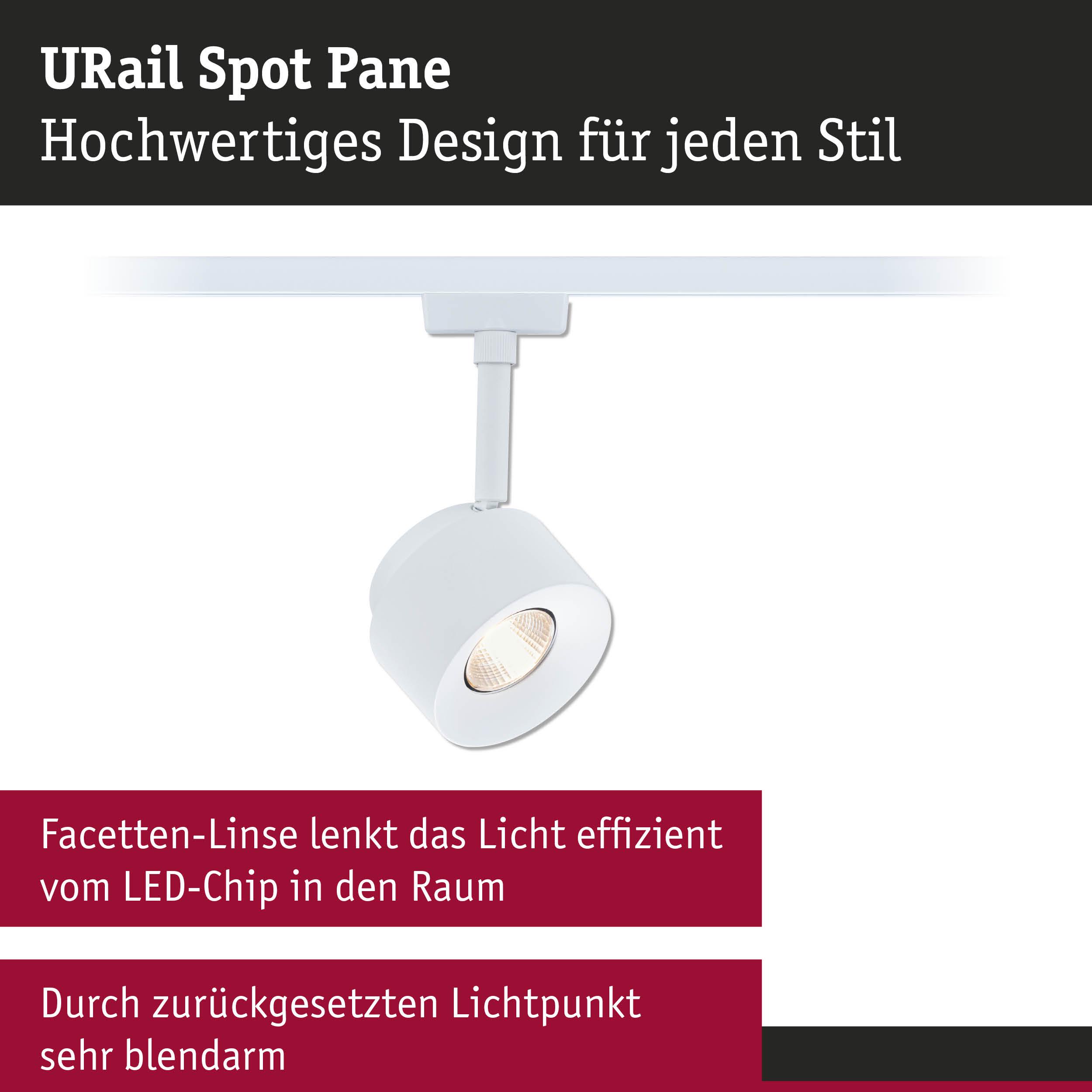 Weißer URail Spot Pane LED-Strahler mit Facettenlinse für effiziente Raumbeleuchtung