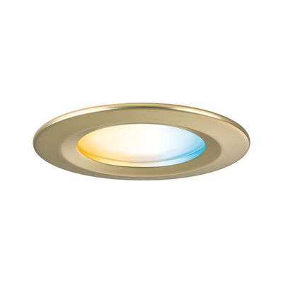 Ronde LED inbouwspot van goudkleurig metaal met warm en koel wit licht voor woonruimtes