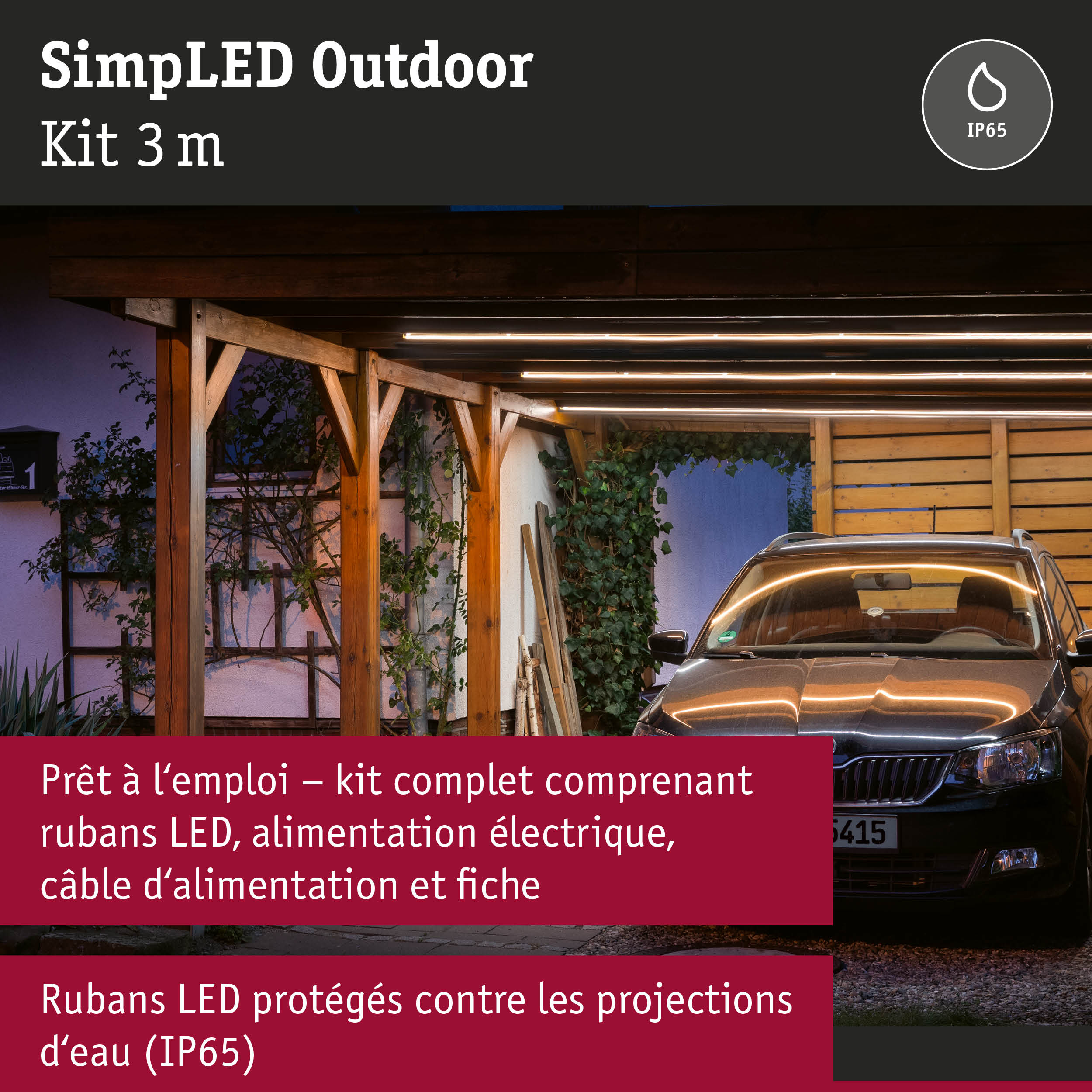 Kit d'éclairage LED extérieur 3 m, étanche IP65, idéal pour carport et éclairage de jardin