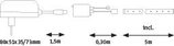 Technische Zeichnung eines weißen Netzteils mit Kabeln und Maßen 80x51x35 mm, 1,5 m und 5 m Länge.