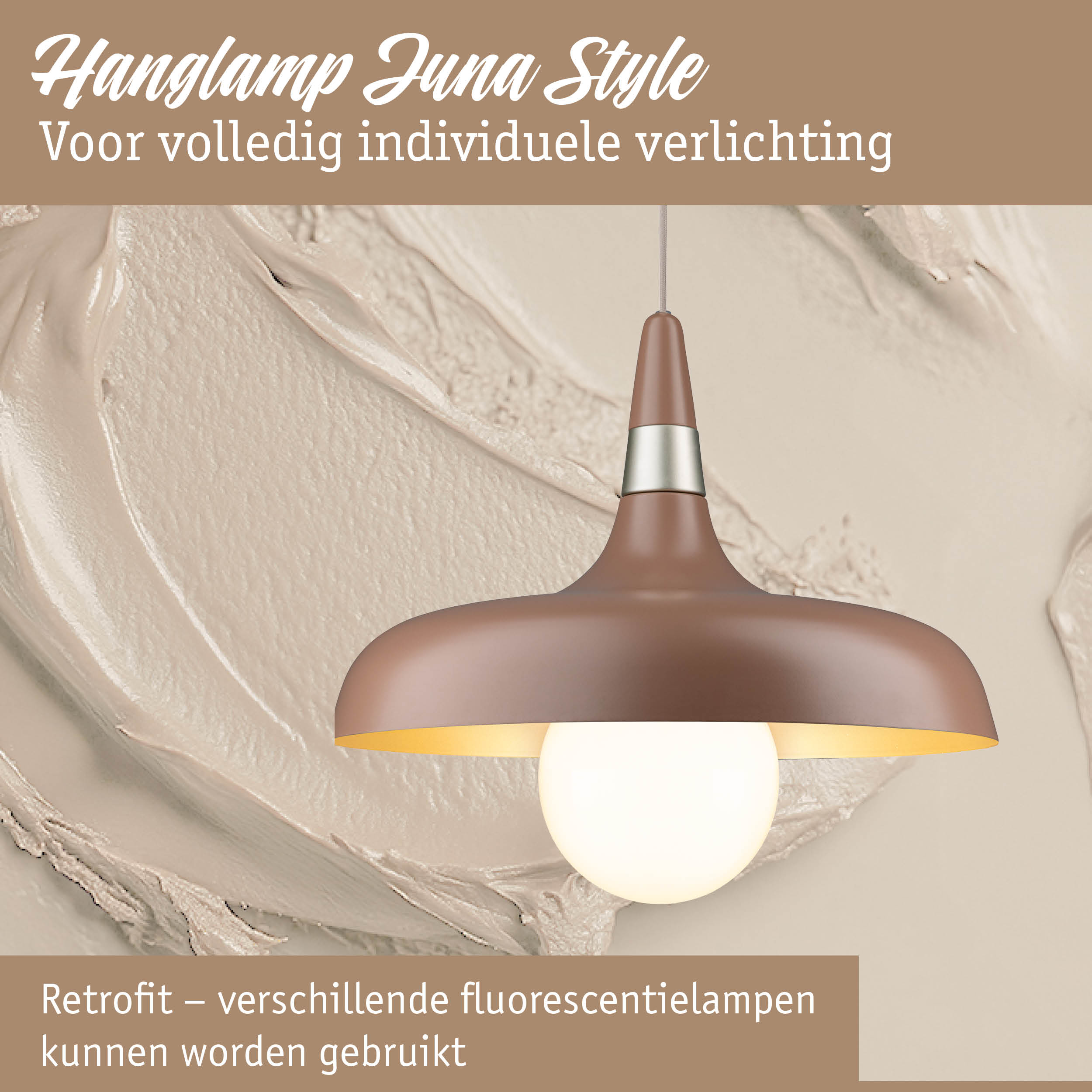 Hanglamp Juna Style bruin met metalen ring en warm wit licht voor individuele verlichting