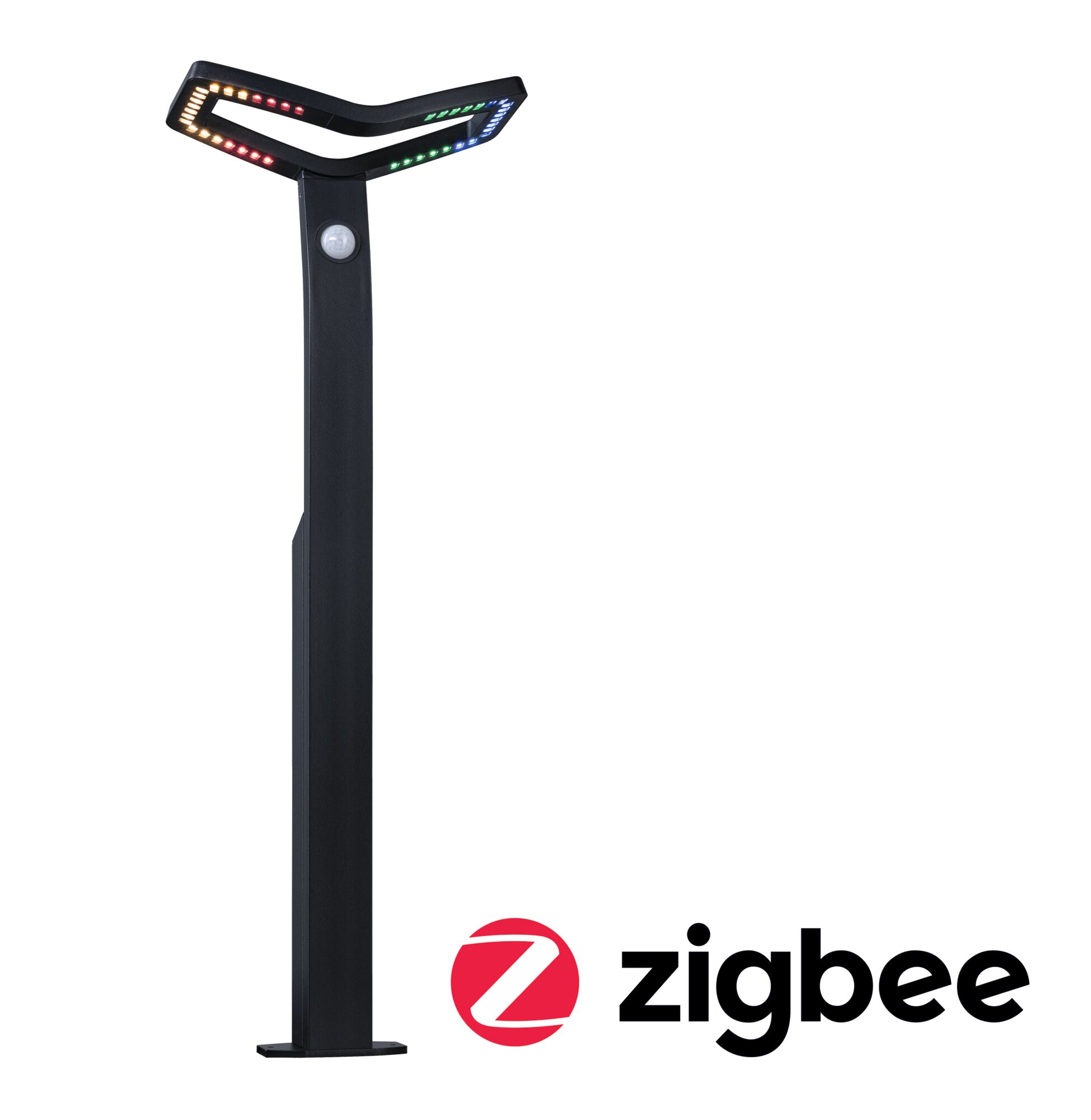 LED Pollerleuchte Smart Home Zigbee 3.0 Alara Dämmerungsgesteuerter Bewegungsmelder (IR) IP44 eckig 665mm RGBW+ 10W 450lm 230V Anthrazit Metall Schwarze LED-Außenleuchte mit Bewegungsmelder und farbigen Lichtern, Zigbee kompatibel für smarte Beleuchtung