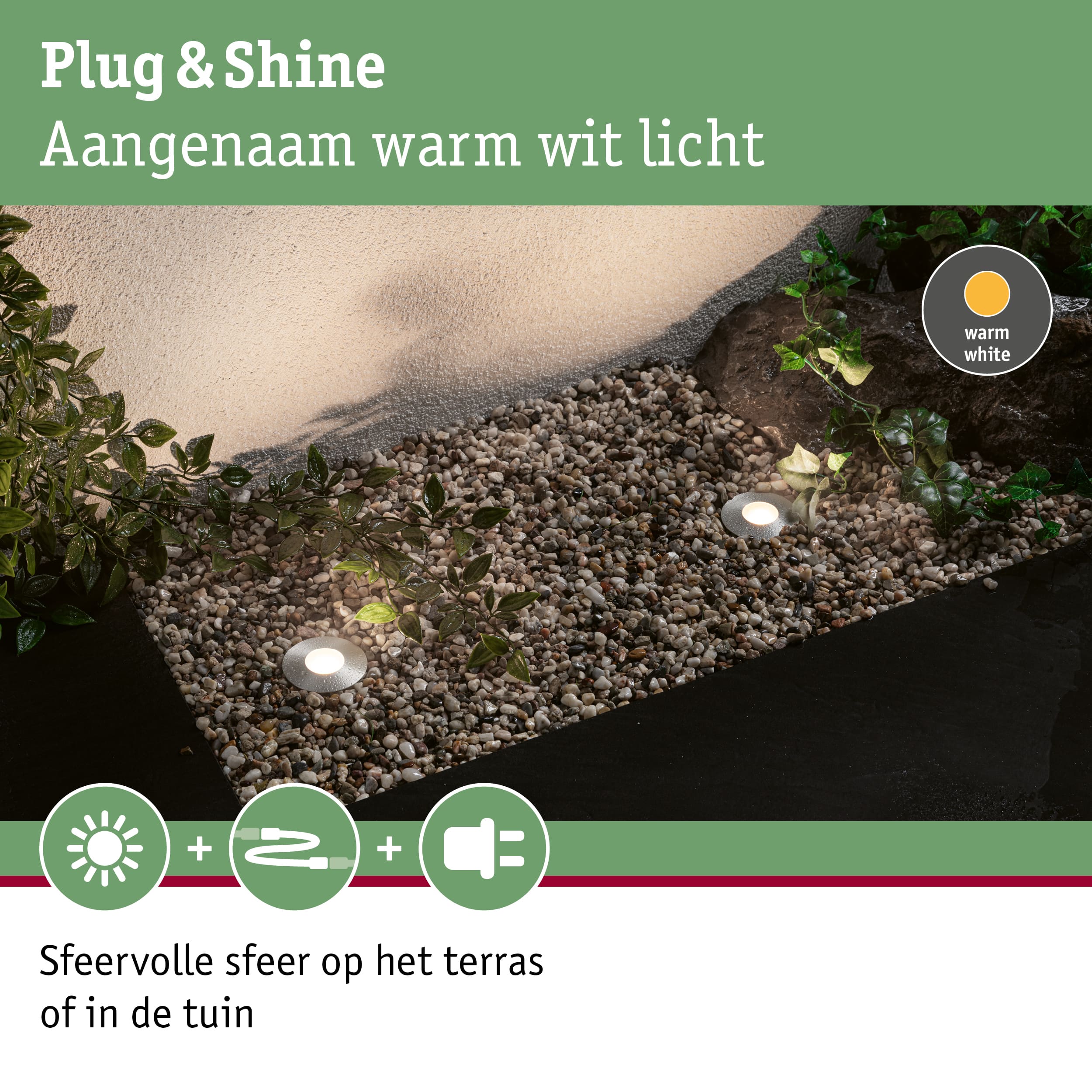 Buitenverlichting met warm wit licht op grind en planten voor terras en tuin