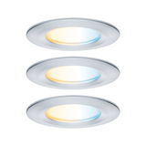 Three round LED recessed lights in brushed aluminum with warm and cool white light.