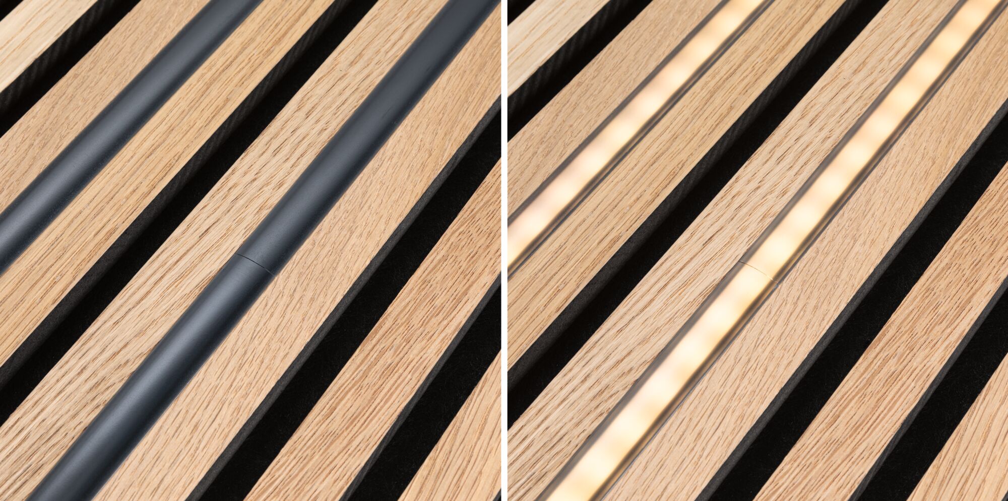 Schwarzes LED-Lichtrohr auf hellem Holz mit warmweißem Licht für moderne Innenbeleuchtung
