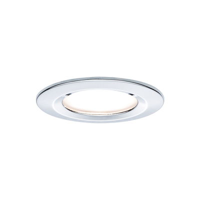 Round recessed LED light with white illumination and chrome frame for modern interior lighting