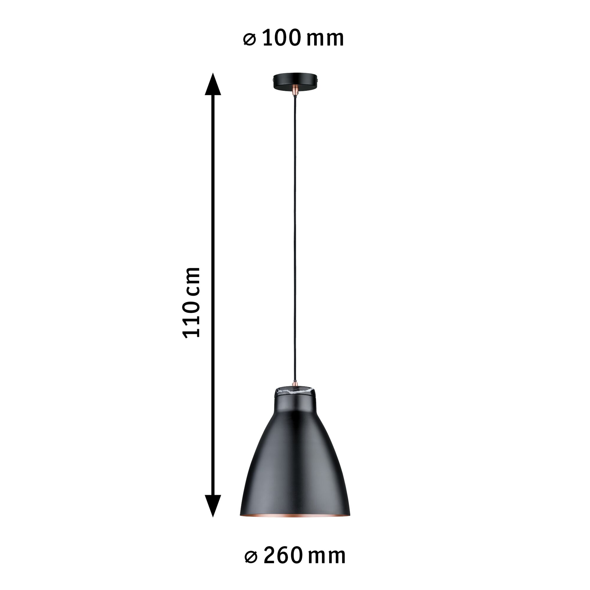 Black metal pendant lamp with 260 mm diameter and 110 cm length, modern LED hanging light.
