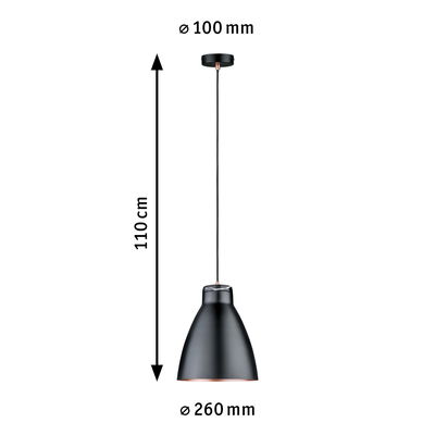 Schwarze Metall-Pendelleuchte mit 260 mm Durchmesser und 110 cm Länge, moderne LED-Hängeleuchte.