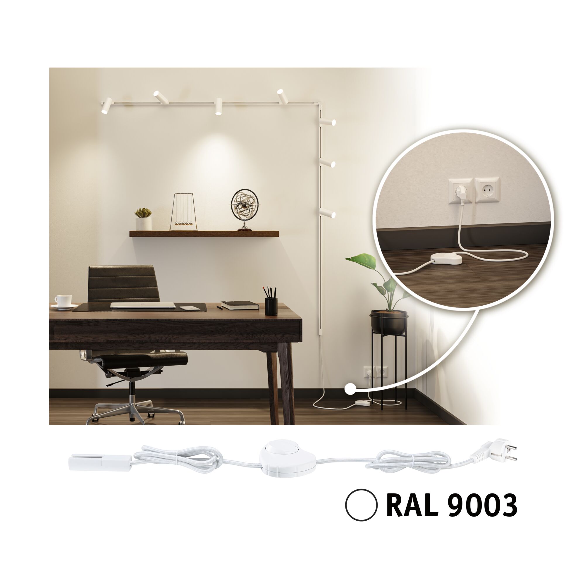 Weißes Kabel mit Schalter und Stecker RAL 9003 für LED-Schienenbeleuchtung im modernen Büro.