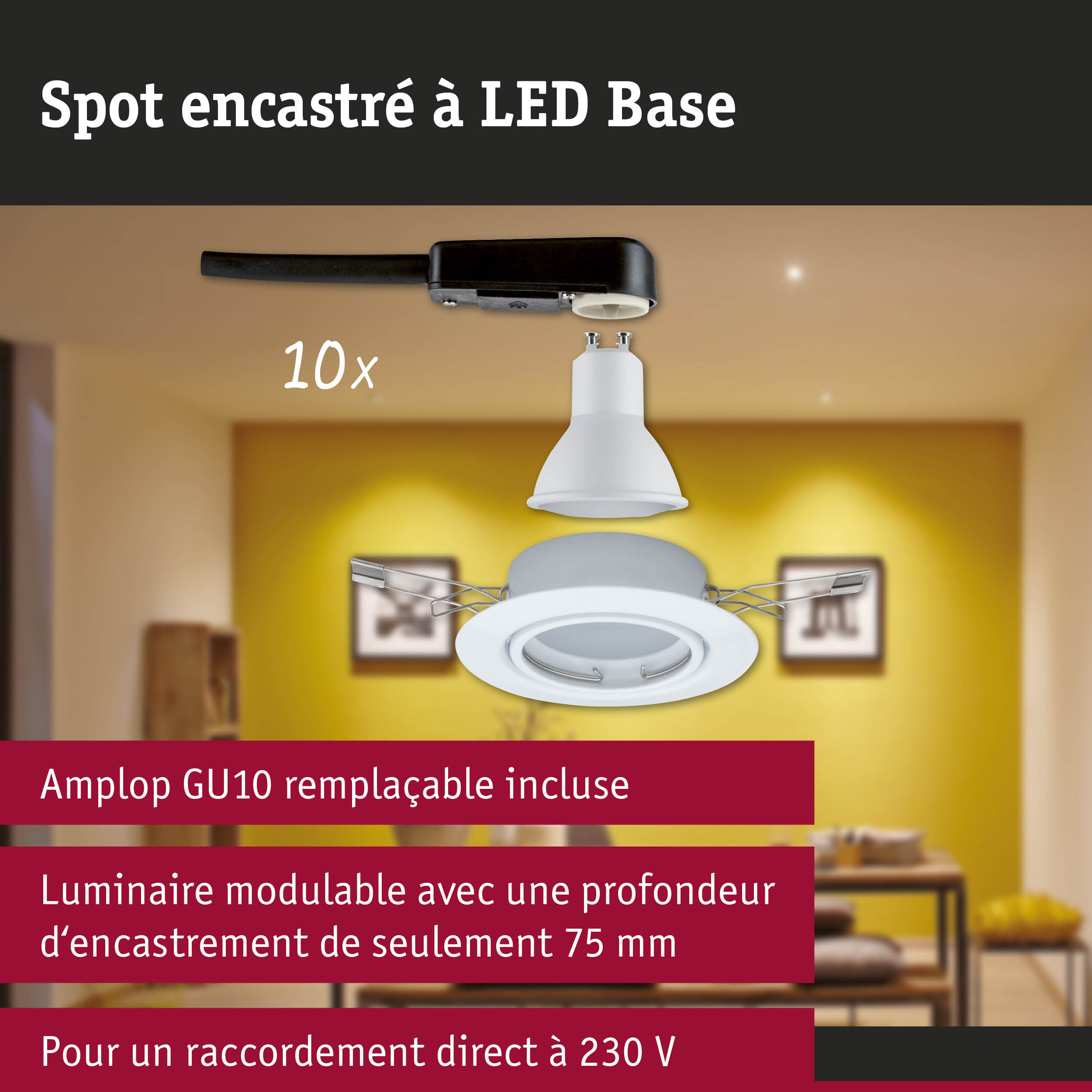 Spot encastré blanc à LED avec base GU10 et câble noir pour éclairage intérieur