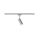 Modern adjustable LED spotlight in silver aluminum for track lighting, energy-efficient design