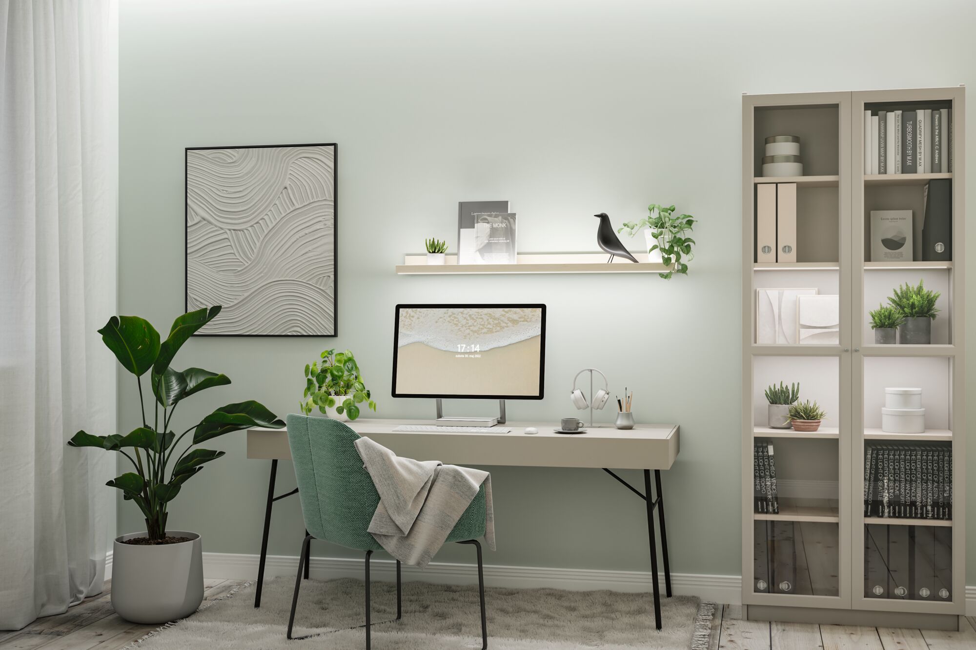 Modern home office with green fabric chair, light desk, and LED wall shelf lighting for workspace setup.