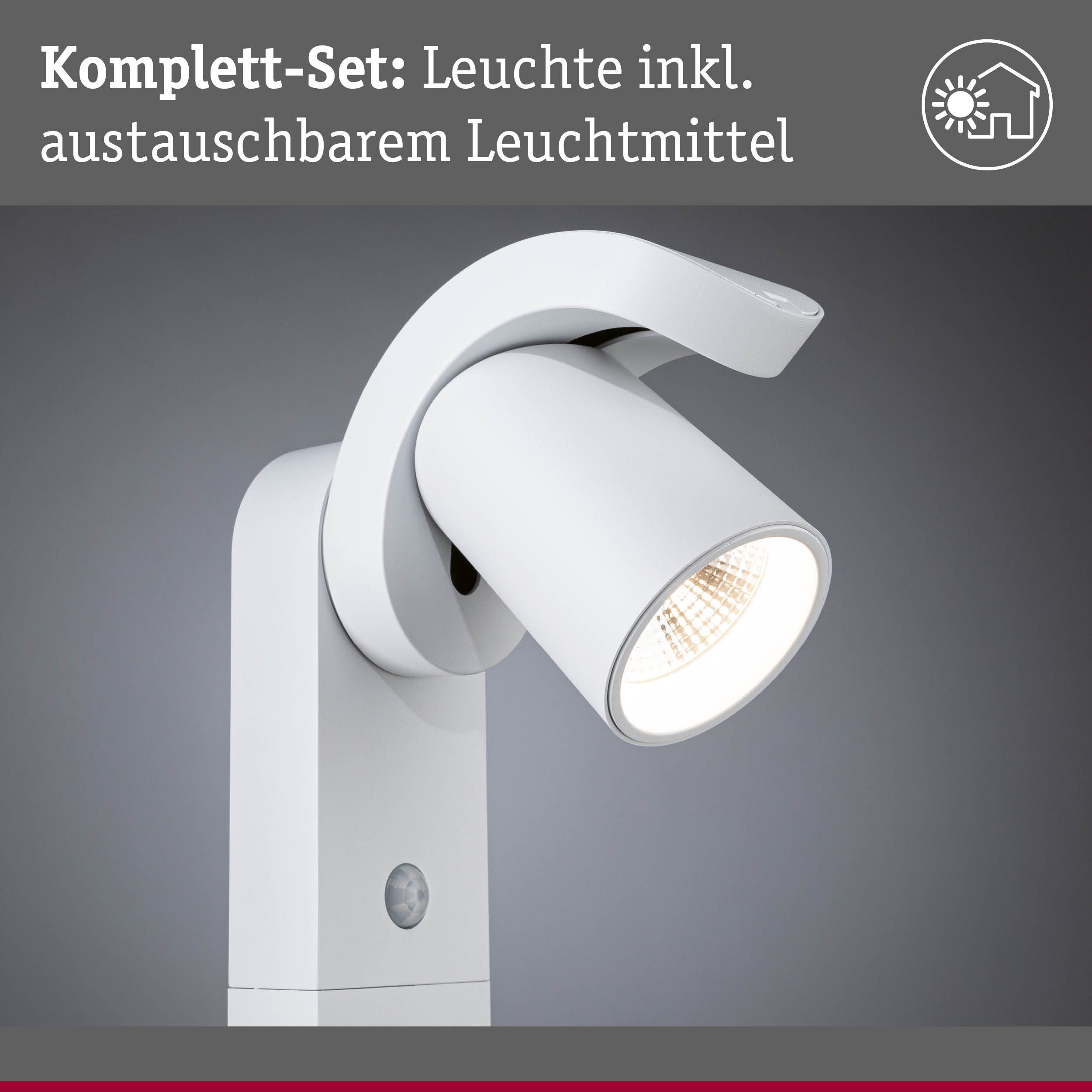 Weißer LED-Außenstrahler mit Bewegungsmelder und austauschbarem Leuchtmittel für Hausbeleuchtung