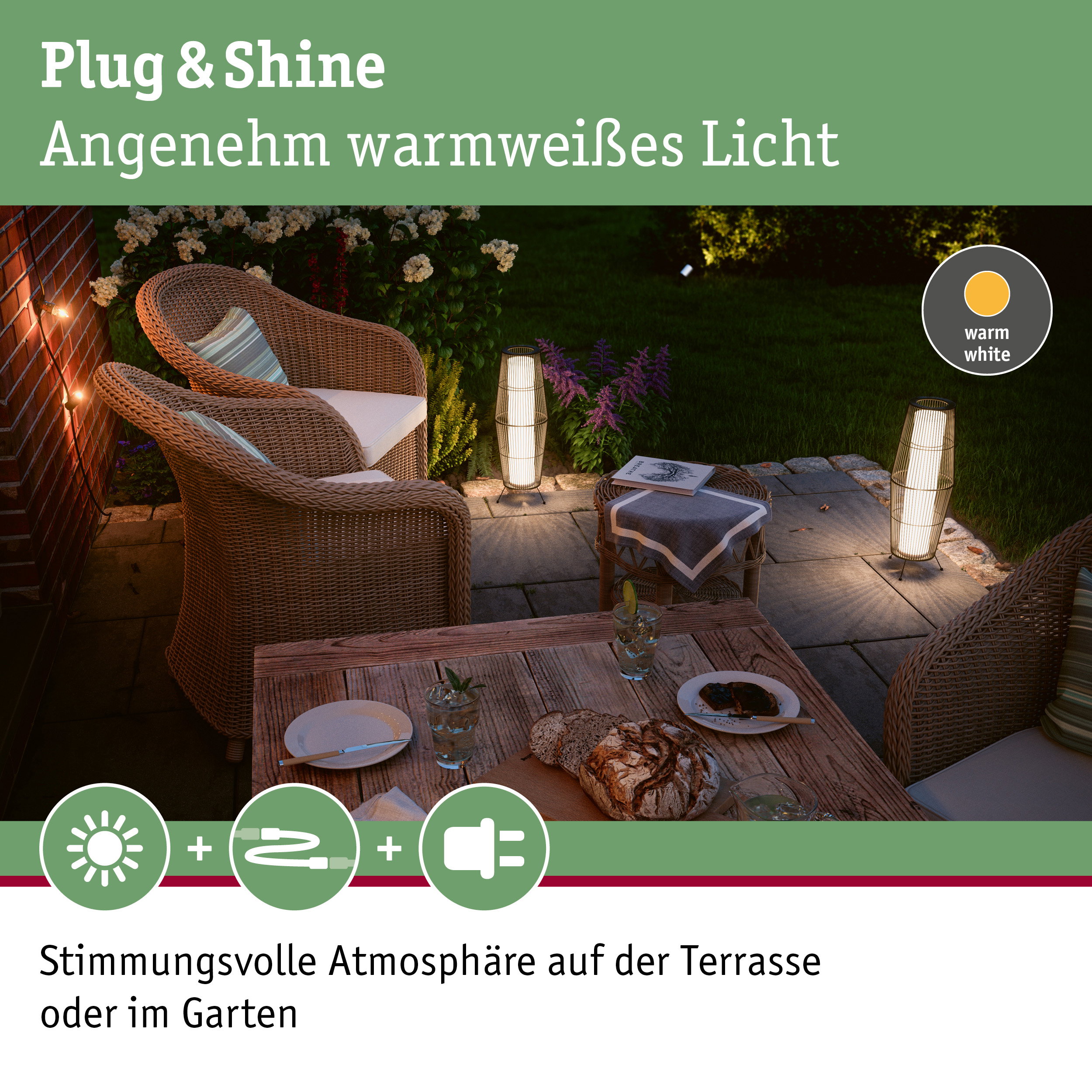 Gemütliche Terrasse mit warmweißem Plug & Shine LED-Außenlicht und Rattanmöbeln im Garten