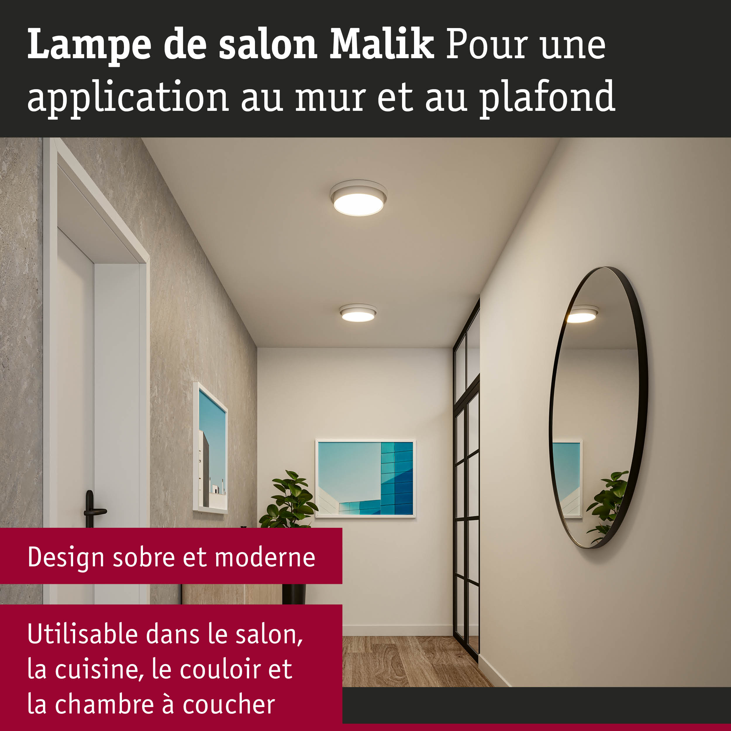 Lampe de salon Malik blanche pour fixation murale et plafond, design LED moderne pour couloir et cuisine