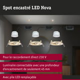 Trois spots encastrés LED Nova blancs avec cadre doré, profondeur 45 mm, raccordement direct 230 V